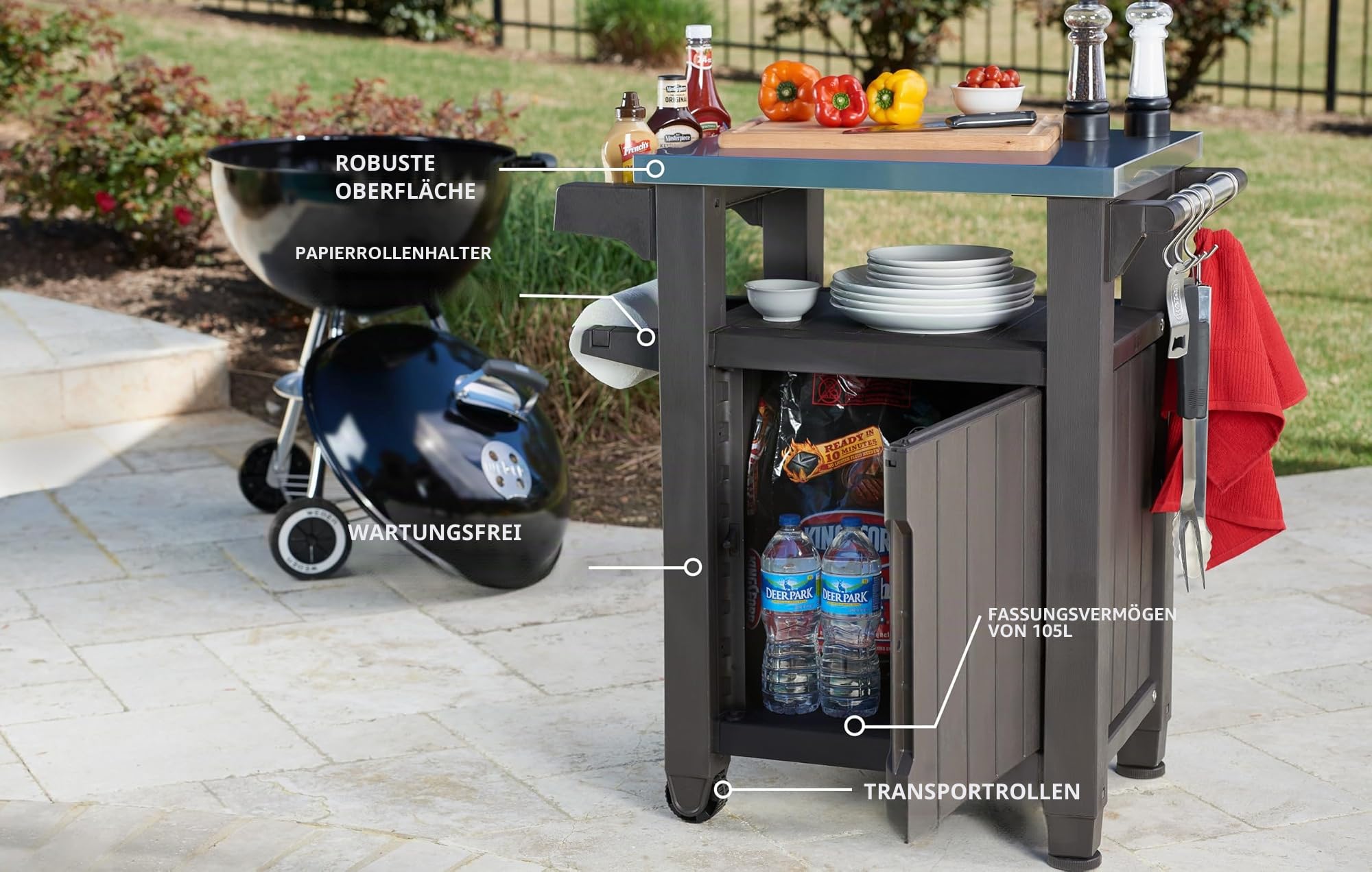 keter-unity-bbq-beistelltisch-70-x-54-x-90-cm-braun-mit-edelstahlplatte image 2