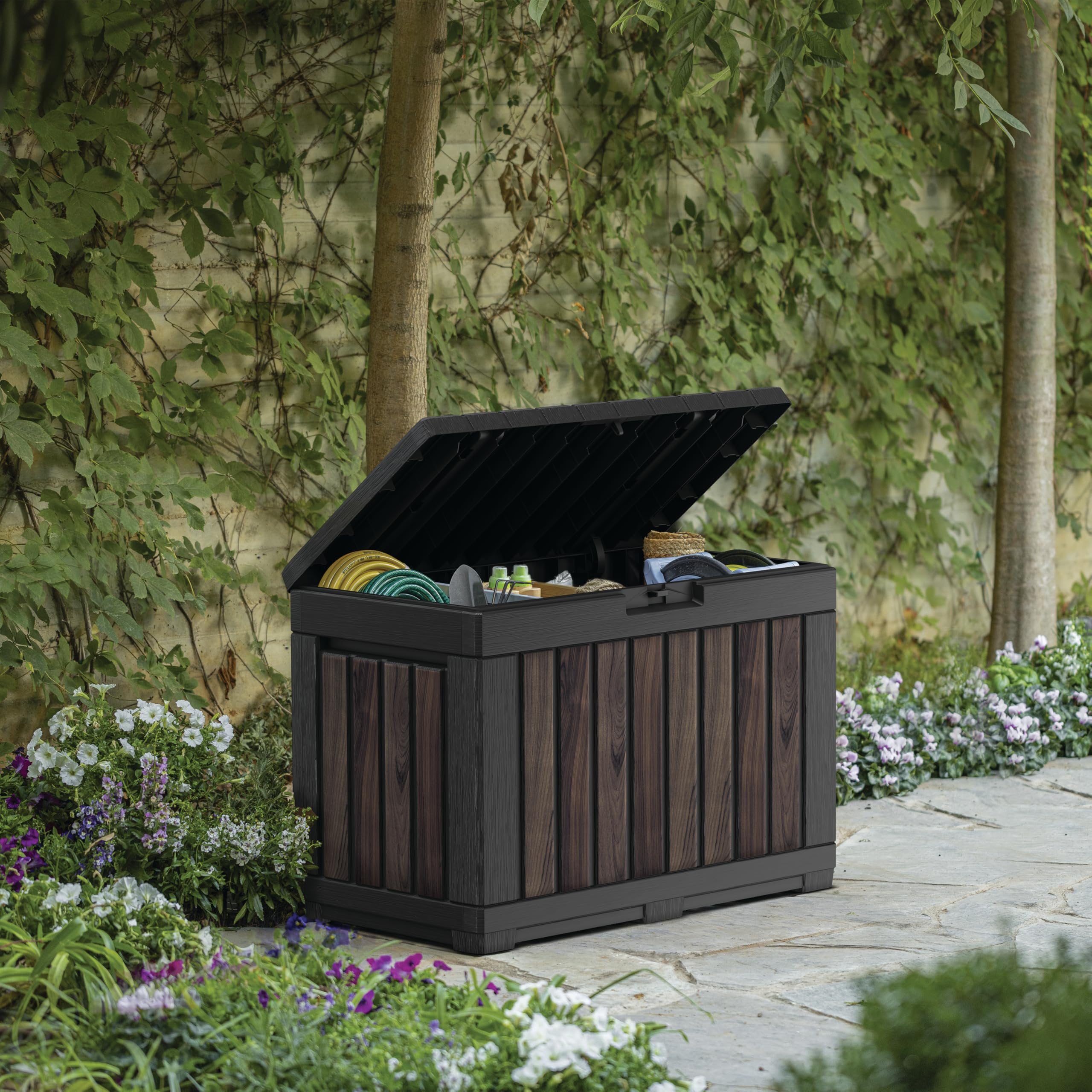 keter-gartentruhe-kentwood-190l-decocoat-rosenholzoptik-sitztruhe-160-kg image 2