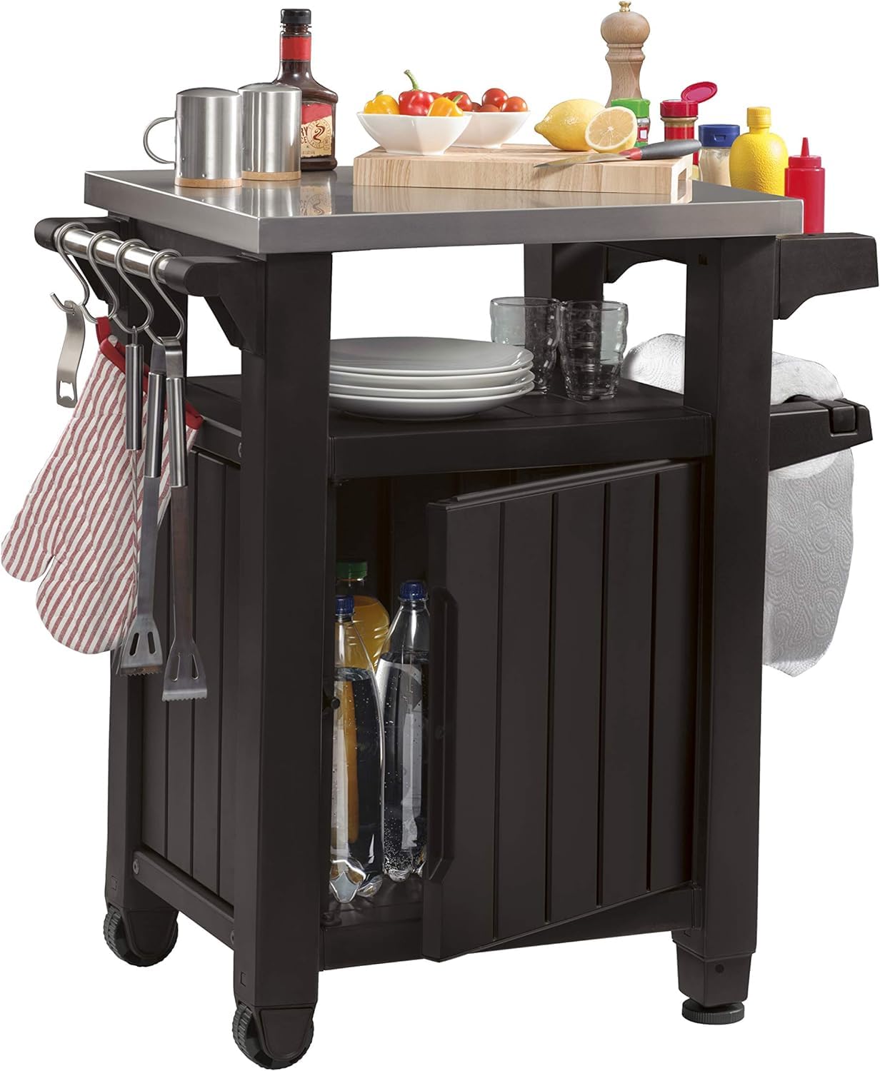 keter-unity-bbq-beistelltisch-70-x-54-x-90-cm-braun-mit-edelstahlplatte image 3