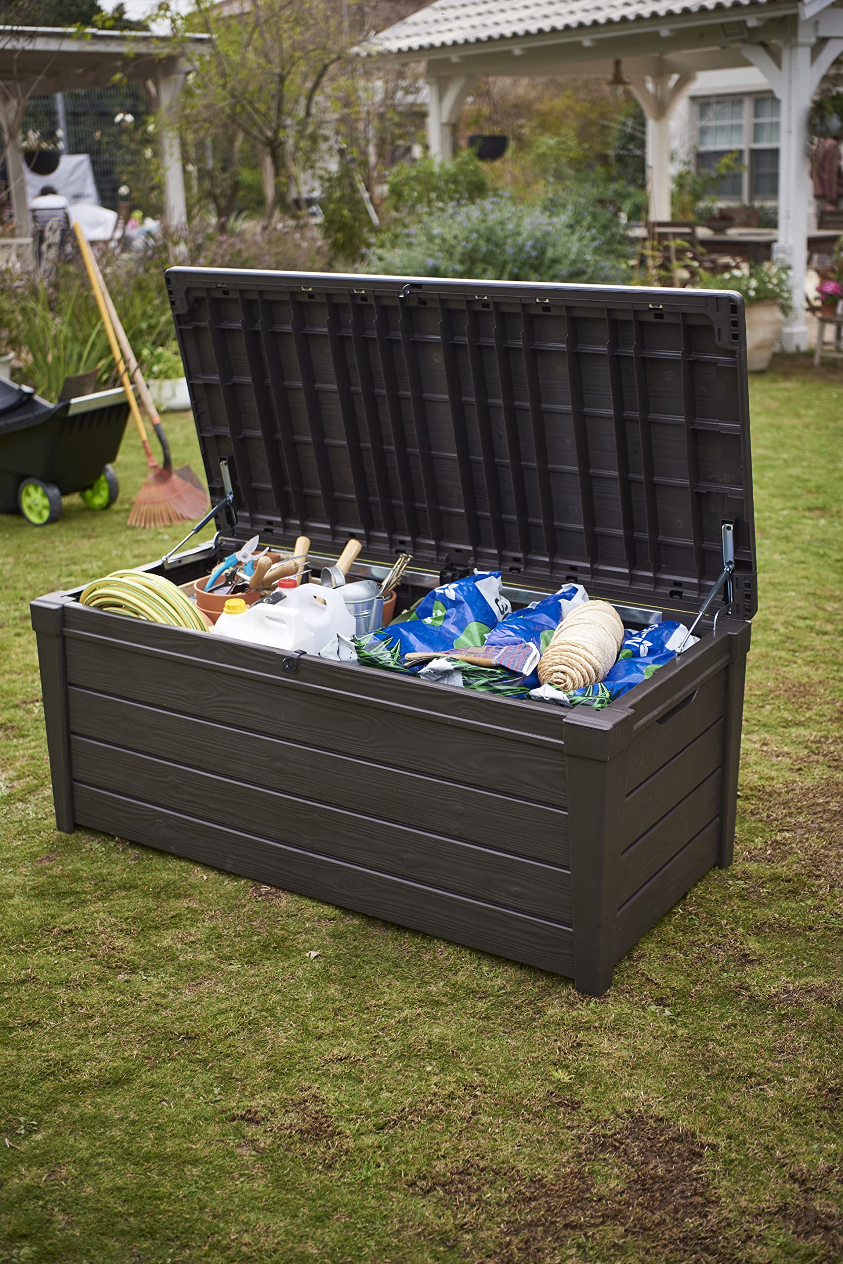 keter-brightwood-kissenbox-auflagenbox-454-liter-taupe-holzoptik-sitzbank image 2