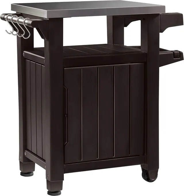 keter-unity-bbq-beistelltisch-70-x-54-x-90-cm-braun-mit-edelstahlplatte image 1