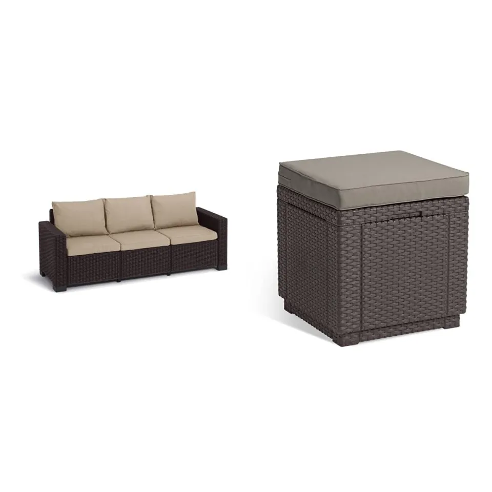 keter-allibert-california-3-sitzer-sofa-braun-warm-taupe-cube-hocker-mit-staurau image 1